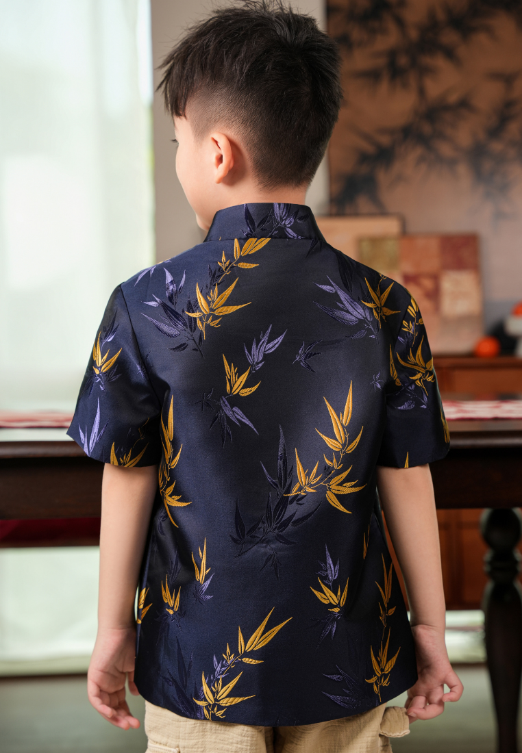 Little Xiu Zhu Bamboo Elements Boy Samfu Short Sleeves Top (Navy Blue)