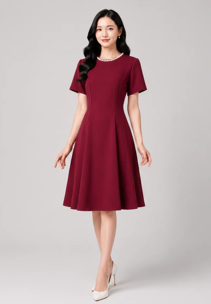 Audrey Pearl Beaded Neckline Fit and Flare Dress (Burgundy)