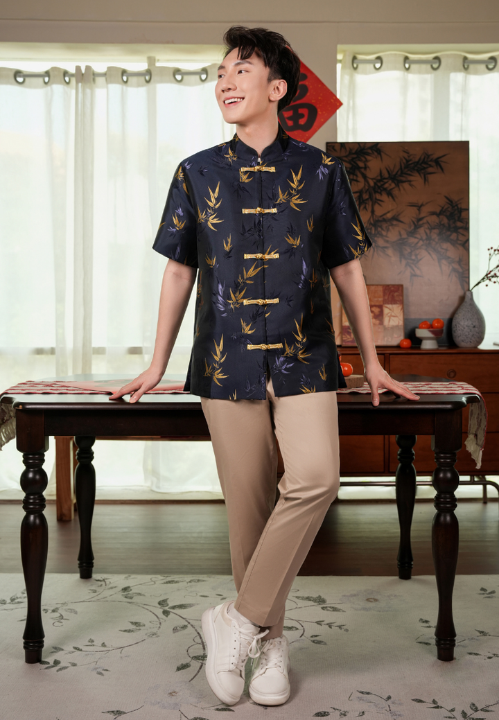 Huang Men’s Bamboo Jacquard Samfu Top (Navy Blue)