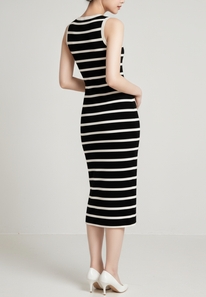 Nolly Knitted Stripe Faux Button Dress (Black)
