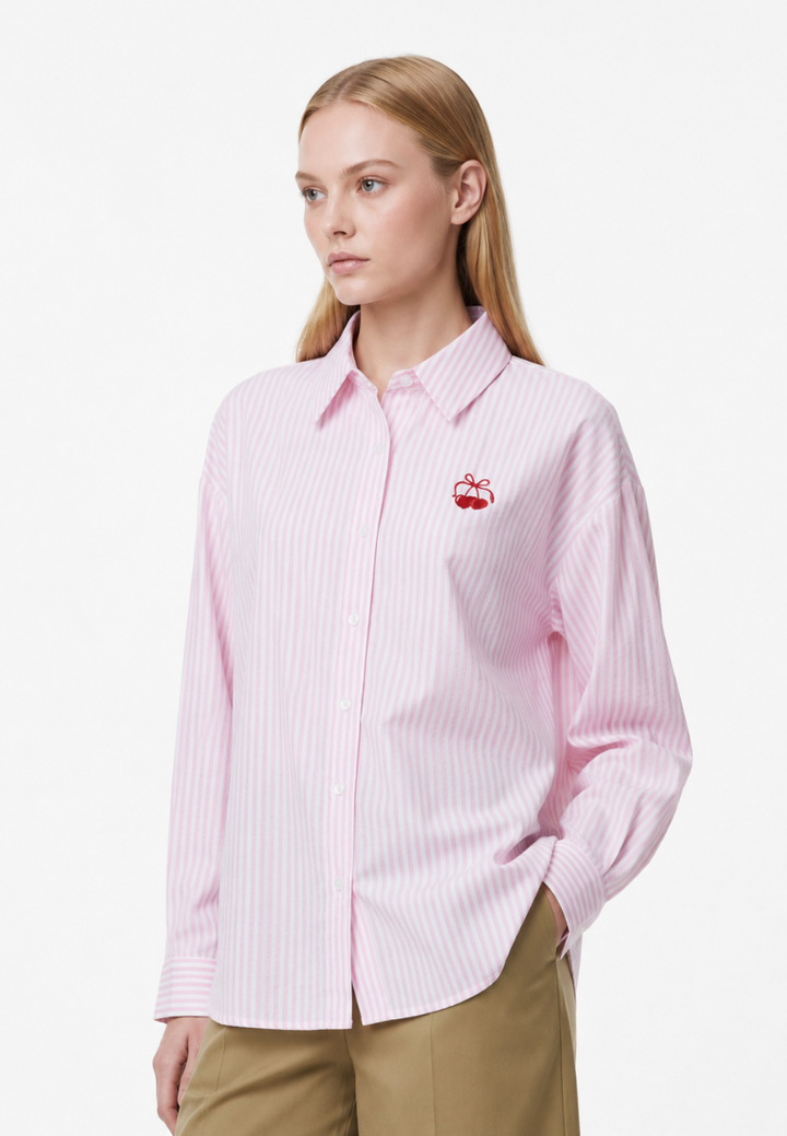 Catherine Striped Cherry Ribbon Shirt (Pink)