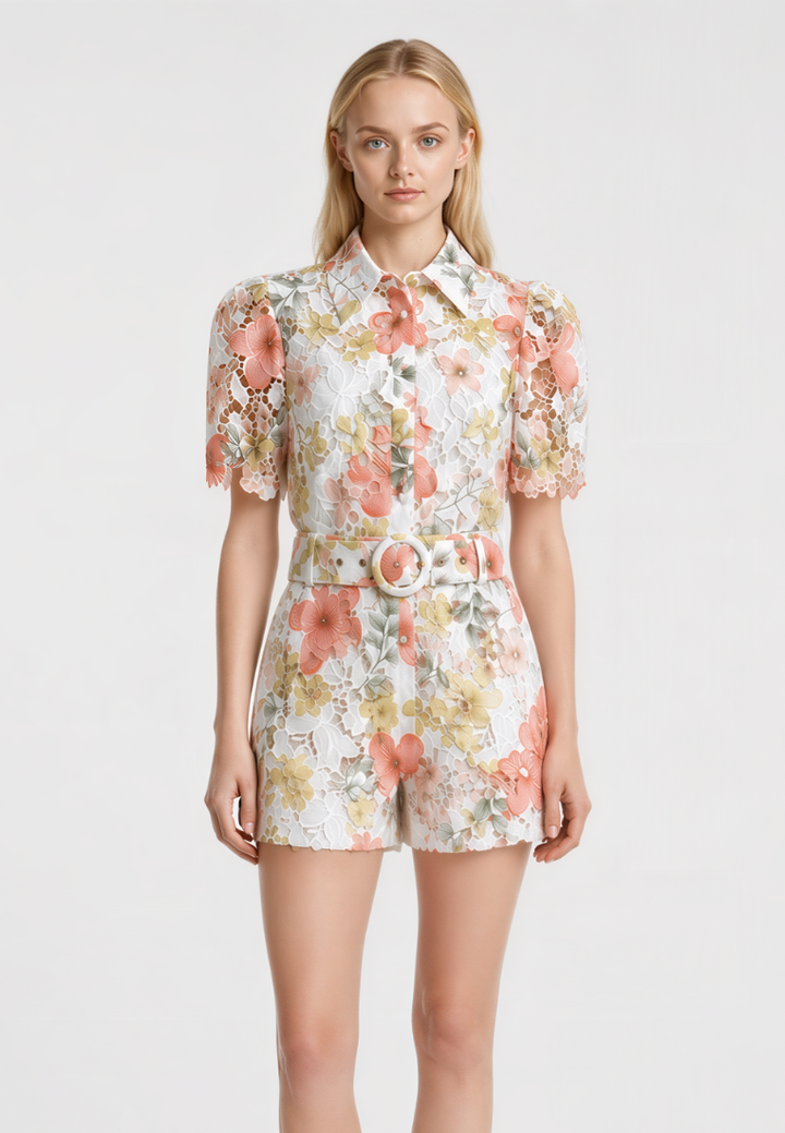 Bianca Floral Lace High Waisted Shorts (Pink)