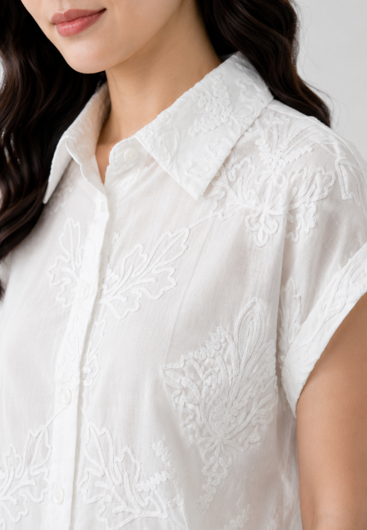 Phoebe Cotton Embroidered Scalloped Hem Button Down Shirt (White)