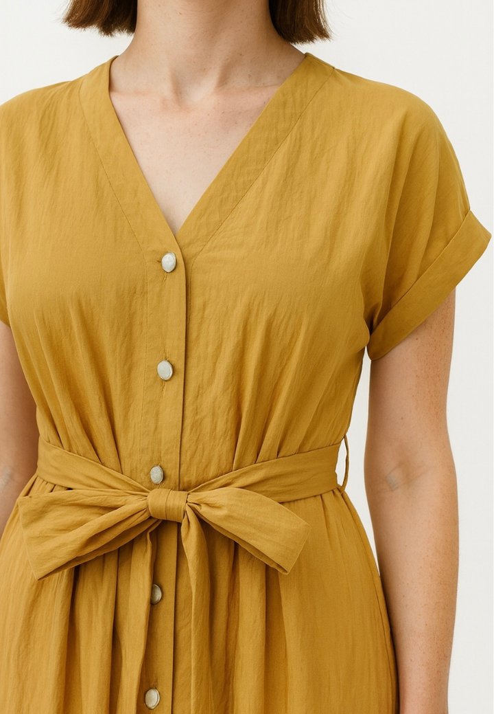 Allara Puff Sleeve Button Down Midi Dress (Yellow)