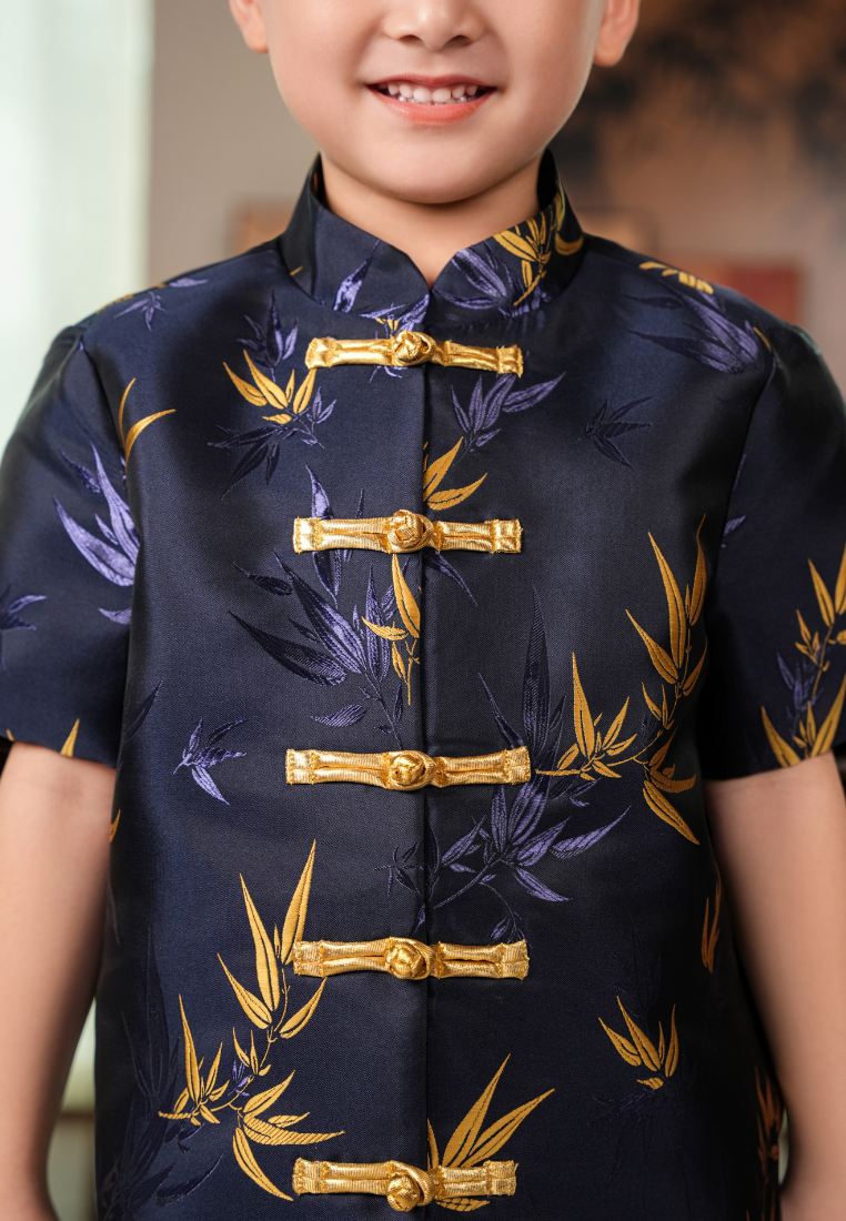 Little Xiu Zhu Bamboo Elements Boy Samfu Short Sleeves Top (Navy Blue)