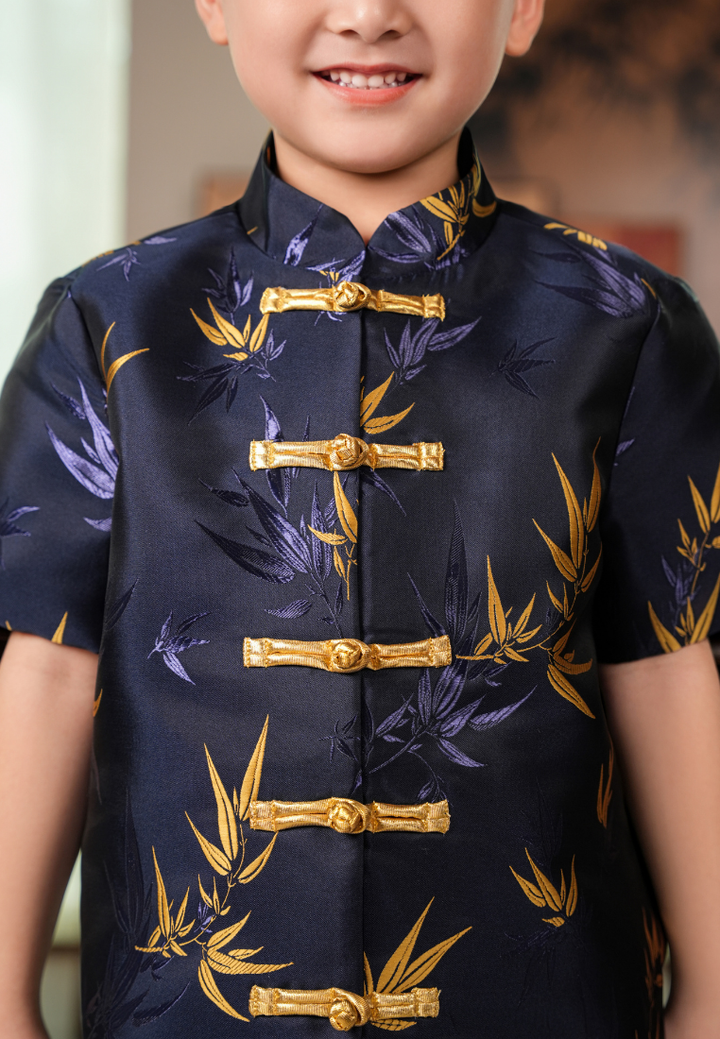 Little Xiu Zhu Bamboo Elements Boy Samfu Short Sleeves Top (Navy Blue)