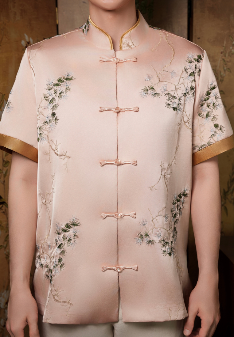 Jing Men’s Bonsai Embroidery Samfu Top (Pink)