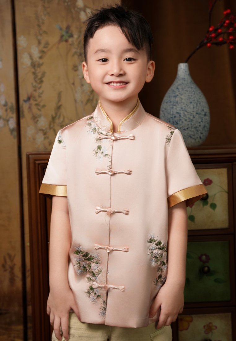 Little Jing Bonsai Embroidery Boy Samfu Top (Pink)