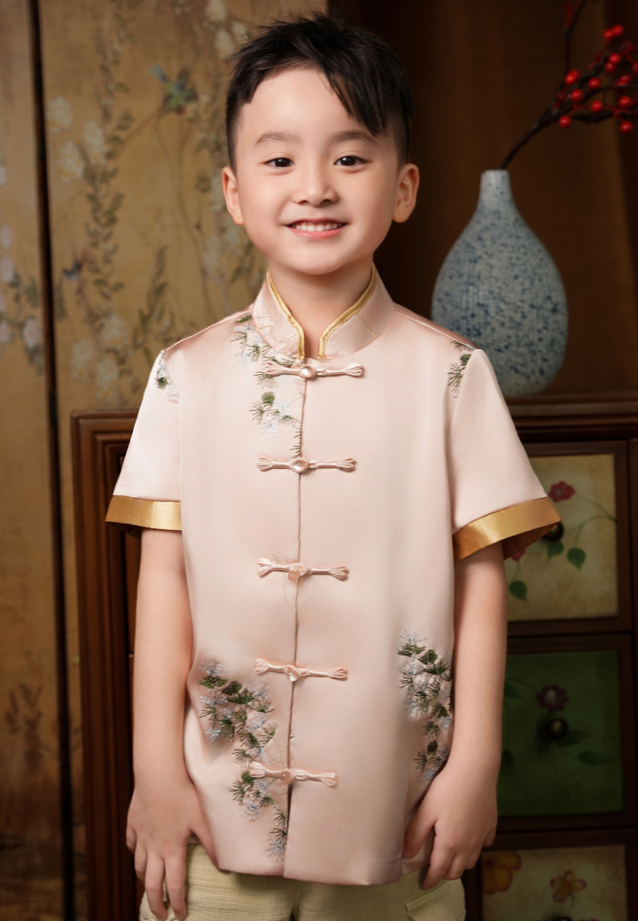 Little Jing Bonsai Embroidery Boy Samfu Top (Pink)