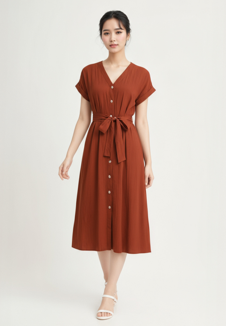 Allara Puff Sleeve Button Down Midi Dress (Brown)