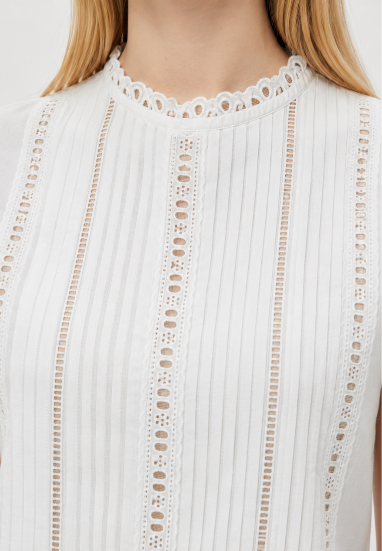 Claire Pintuck Lace Trim Sleeveless Blouse Top (White)