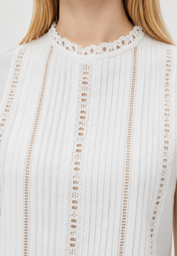 Claire Pintuck Lace Trim Sleeveless Blouse Top (White)