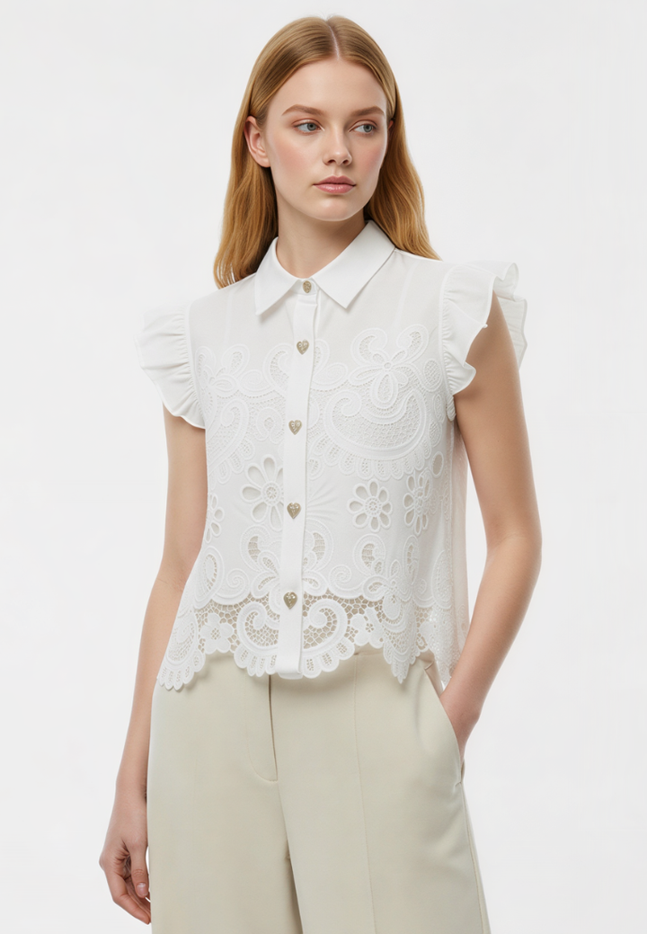 Mia Guipure Lace Ruffle Sleeve Blouse Top (White)