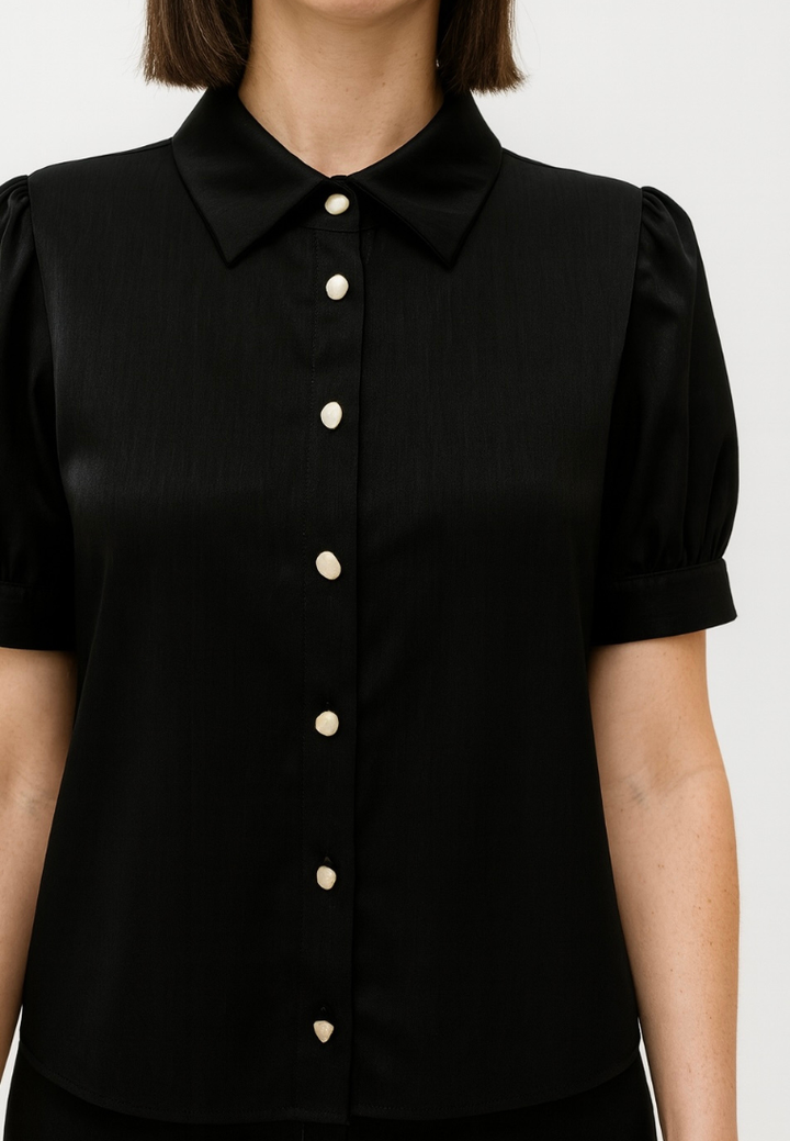 Mira Puff Sleeve Cropped Shirt Top (Black)
