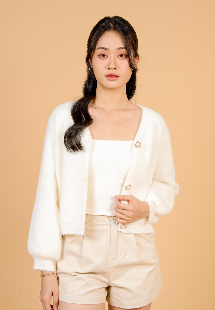 Delora Fuzzy Cardigan With Heart Pearl Buttons (White)