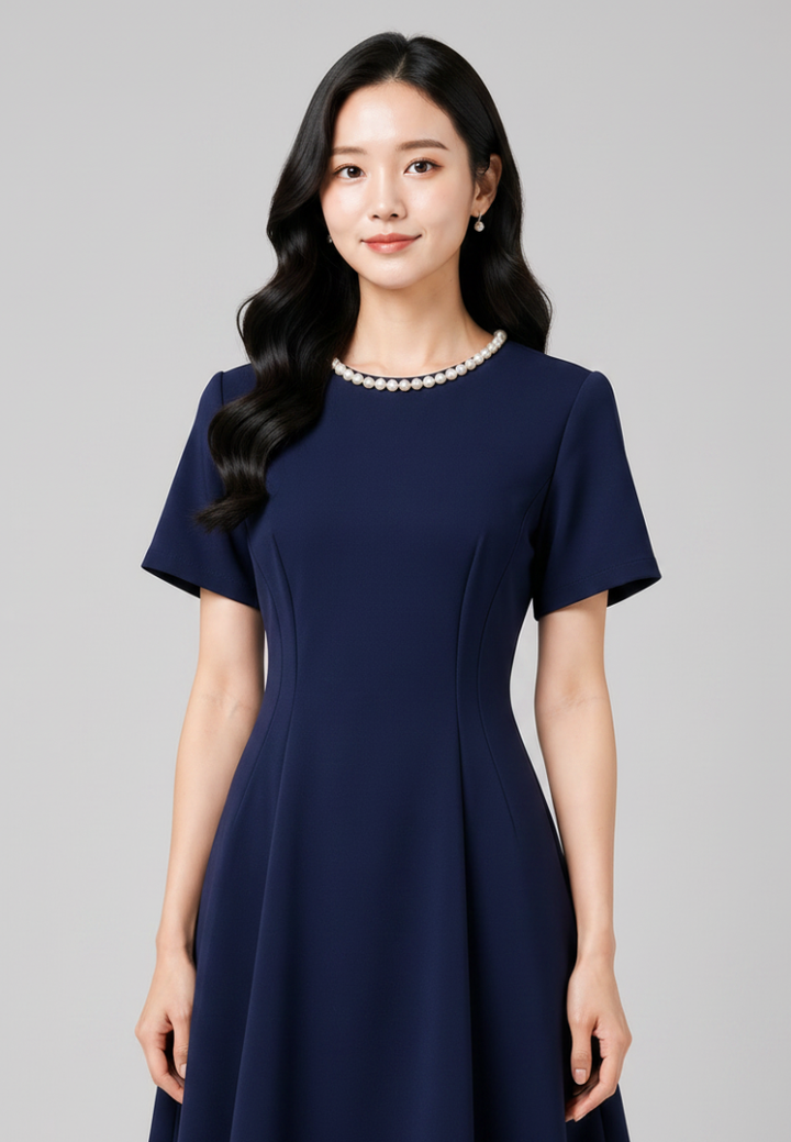Audrey Pearl Beaded Neckline Fit and Flare Dress (Navy)