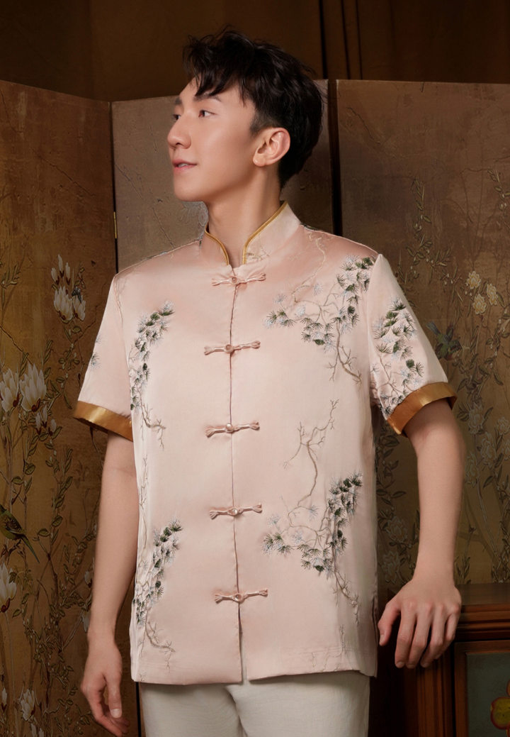 Jing Men’s Bonsai Embroidery Samfu Top (Pink)