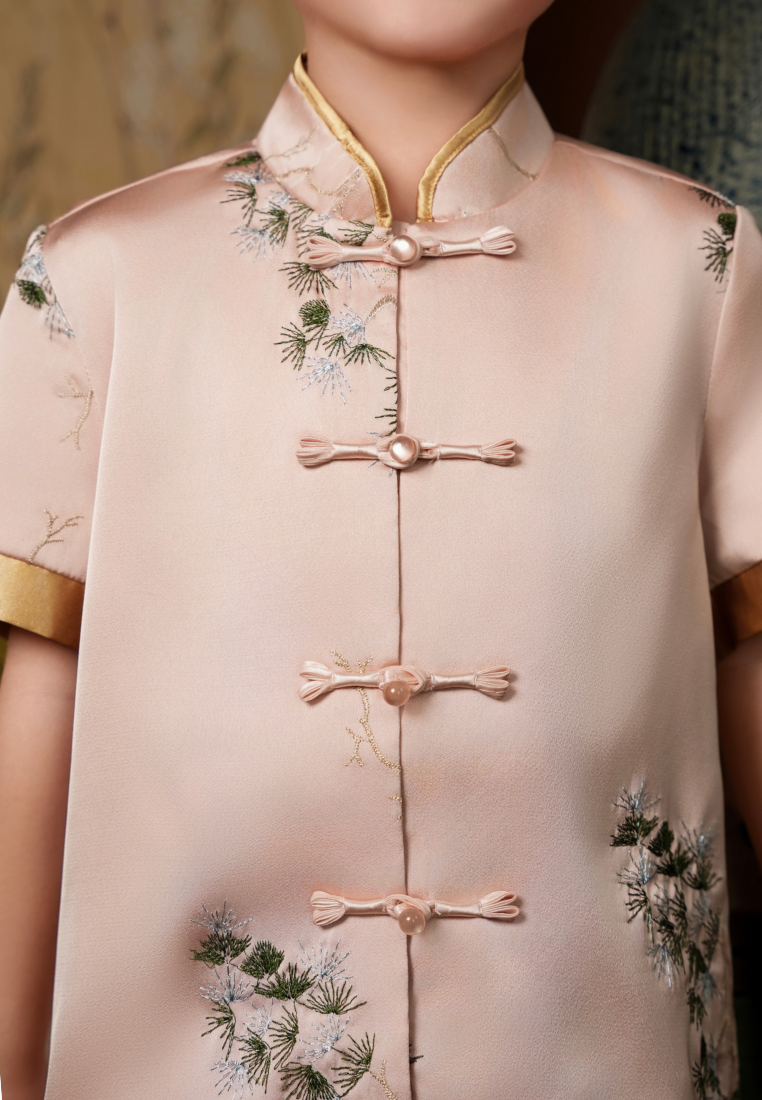 Little Jing Bonsai Embroidery Boy Samfu Top (Pink)