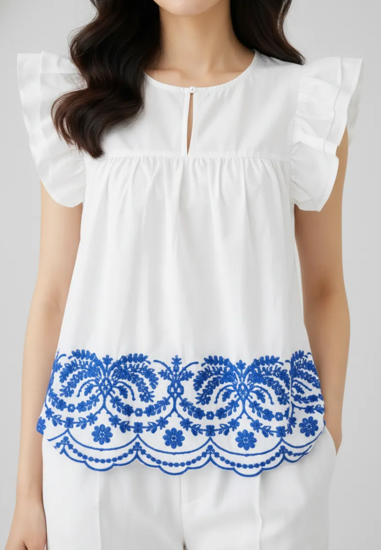 Thalia Cotton Embroidered Hem with Ruffle Sleeve Blouse Top (White)