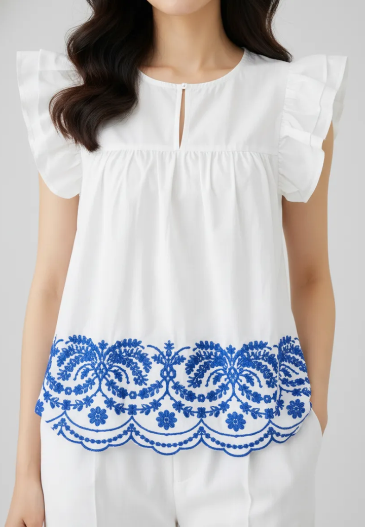 Thalia Cotton Embroidered Hem with Ruffle Sleeve Blouse Top (White)