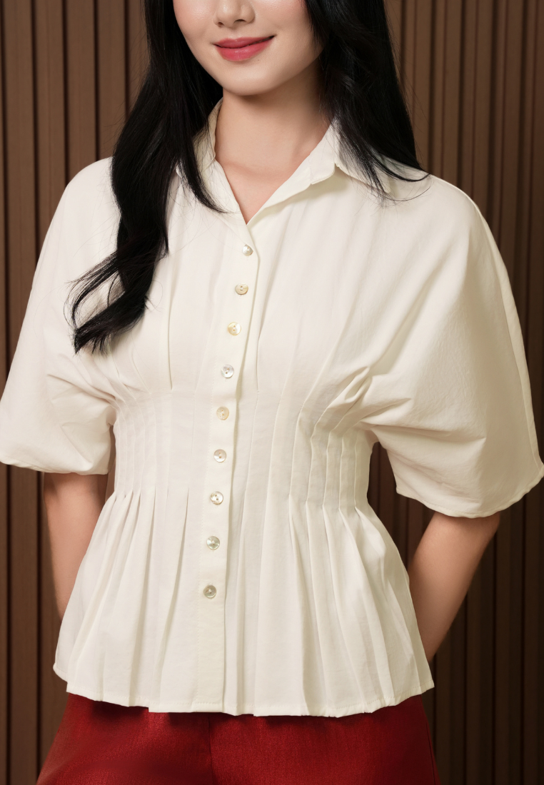 Clarissa Cinched Waist Pleated Collared Button Down Top (White)