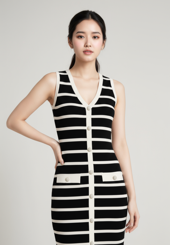 Nolly Knitted Stripe Faux Button Dress (Black)