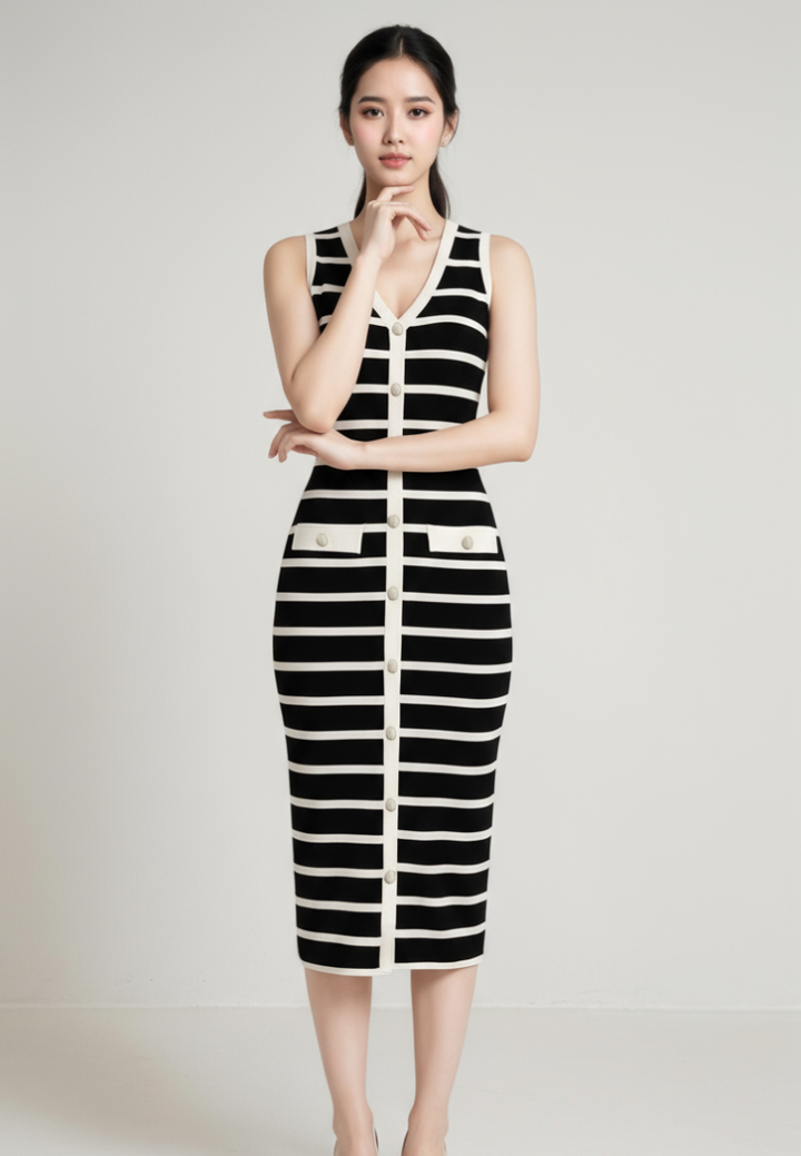 Nolly Knitted Stripe Faux Button Dress (Black)