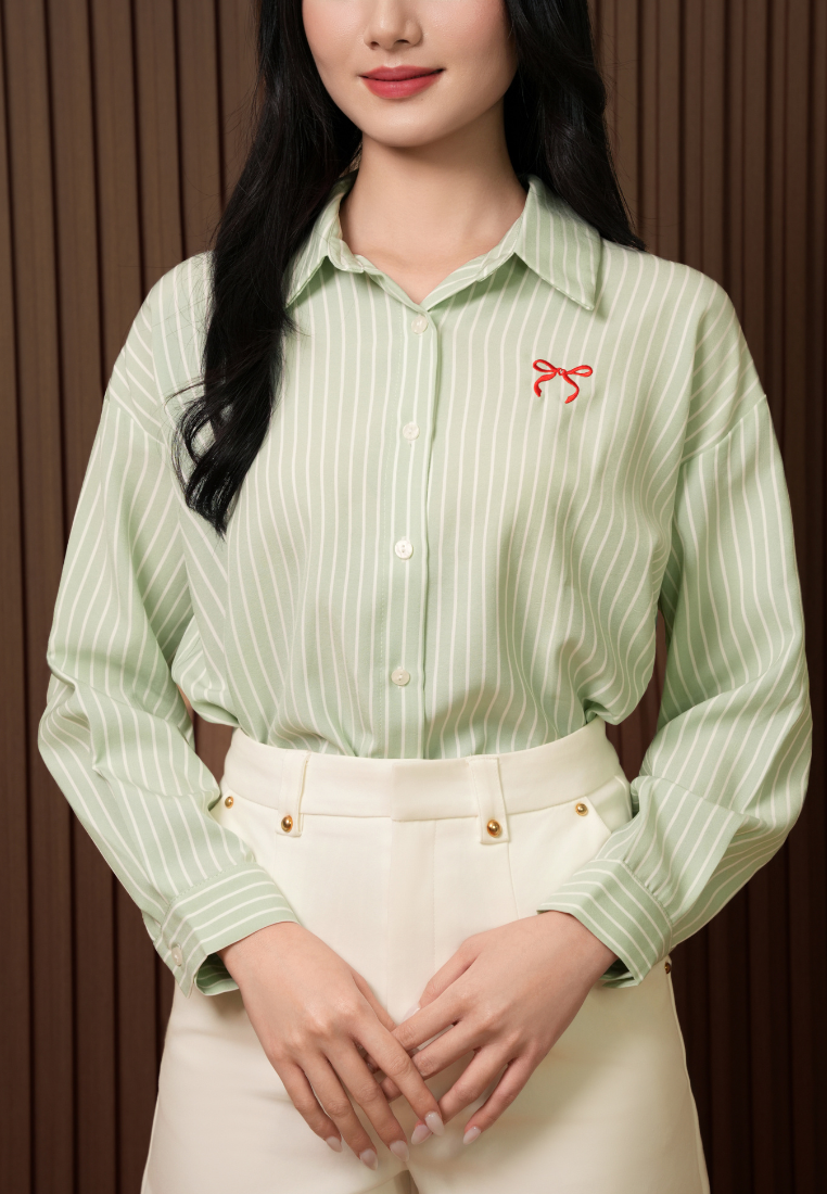 Victoria Striped Ribbon Shirt (Green)
