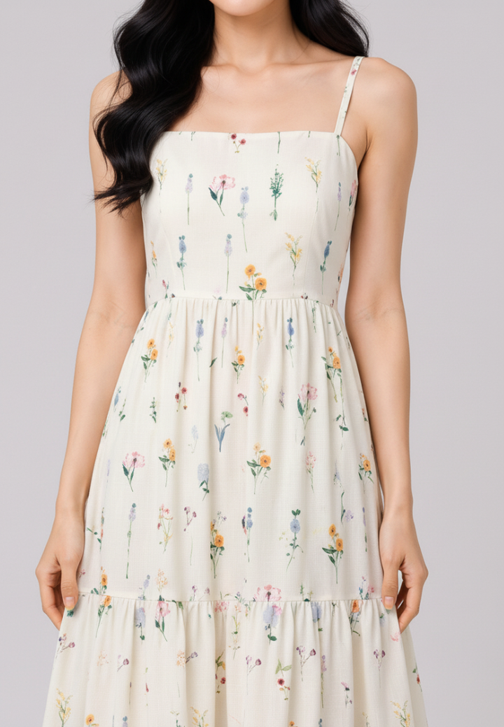 Cassia Floral Print Tiered Sleeveless Dress (Beige)