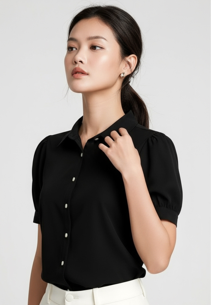 Mira Puff Sleeve Cropped Shirt Top (Black)