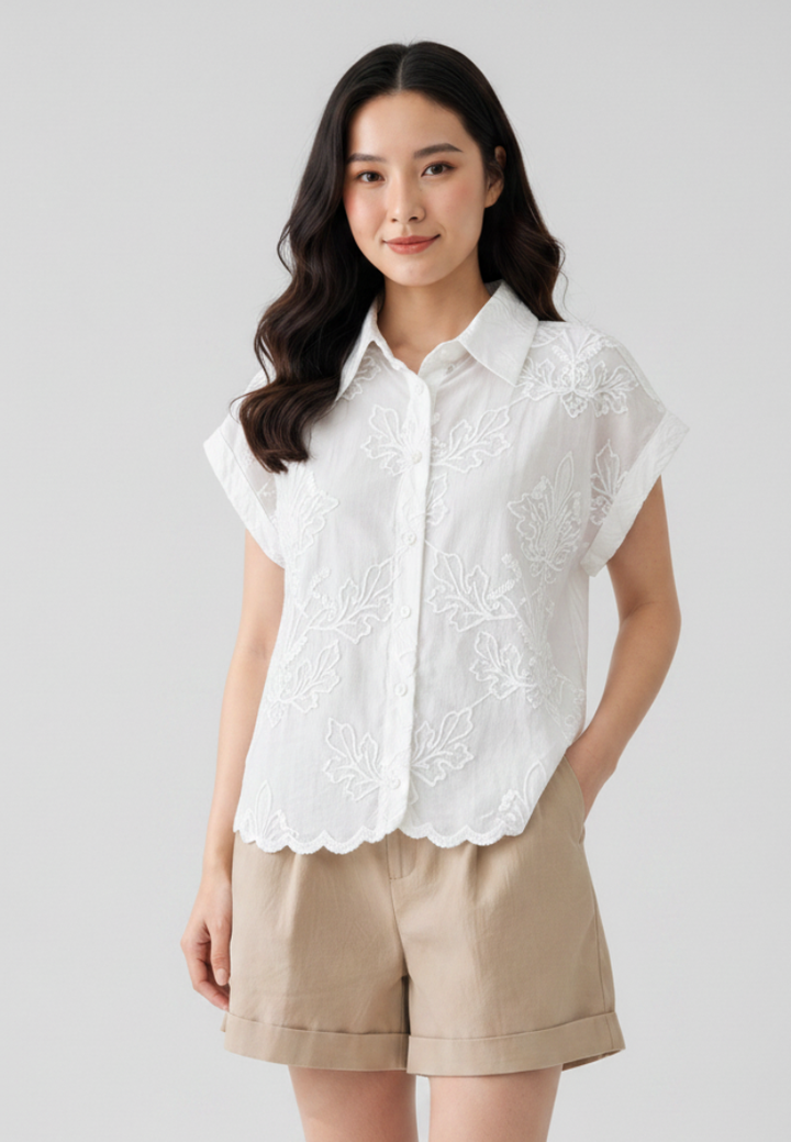 Phoebe Cotton Embroidered Scalloped Hem Button Down Shirt (White)
