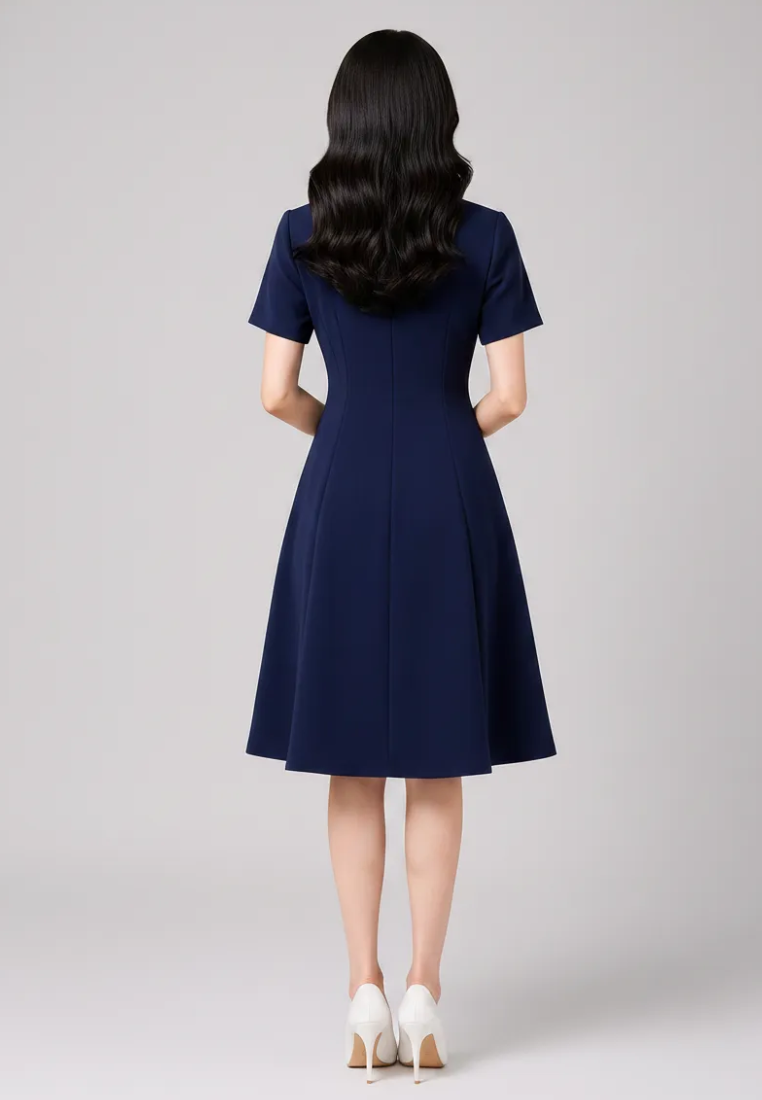 Audrey Pearl Beaded Neckline Fit and Flare Dress (Navy)