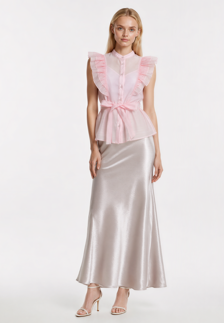 Love Knot Poppy pink blouse styled with a midi skirt, full-length view