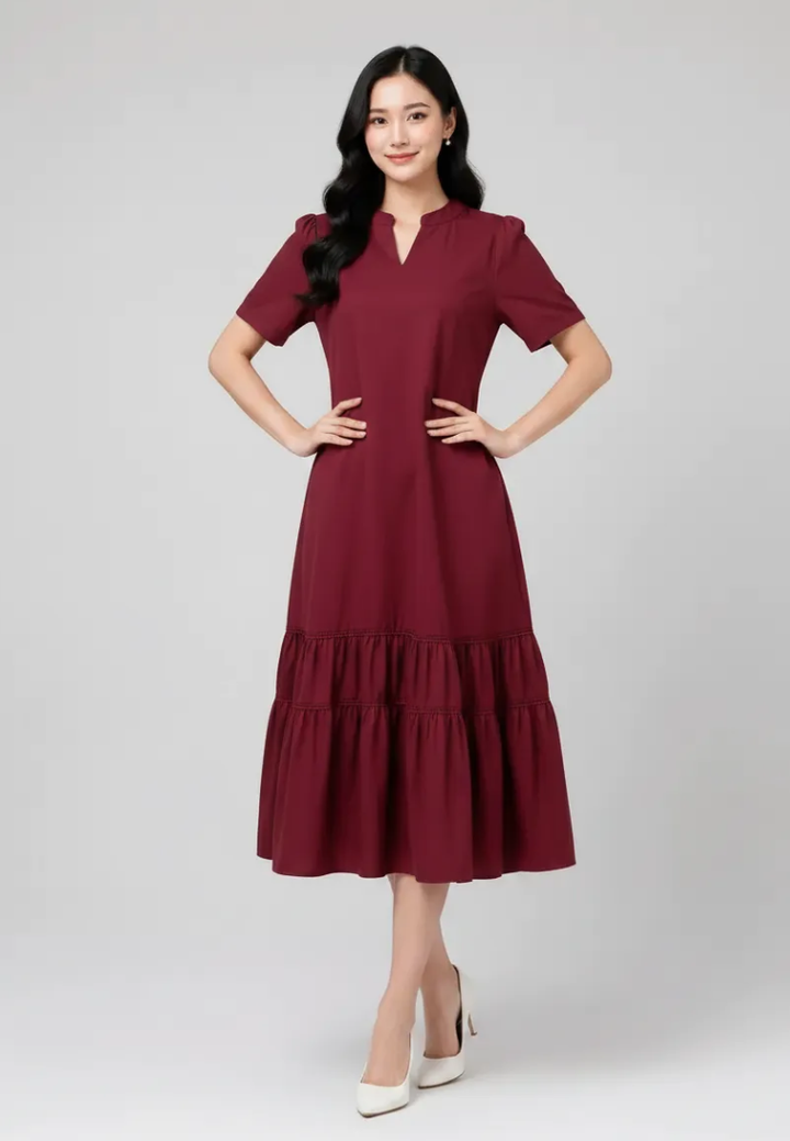 Adelina Ruffle Hem Midi Dress (Burgundy)