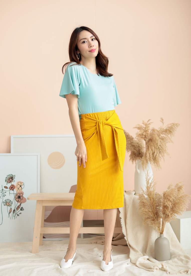 Bridgett Self Tie Ribbed Knit Skirt (Mustard)