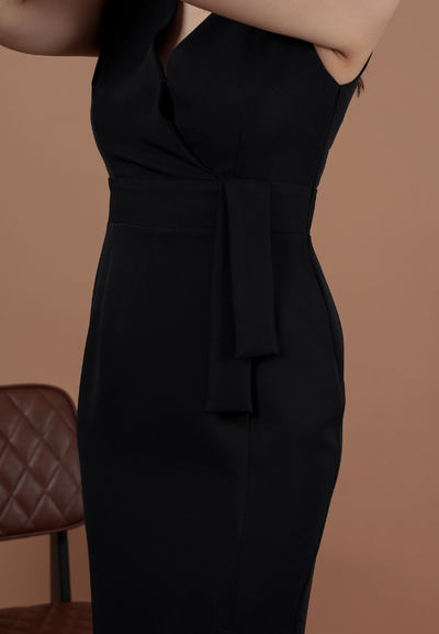 Marcelia Faux Ribbon Sheath Wrap Dress (Black)