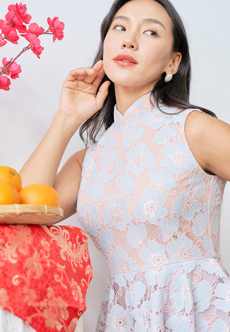 [LK x Sherlyn Mama] Fu Rui Peplum Lace Cheongsam with Detachable Collar (Pink)