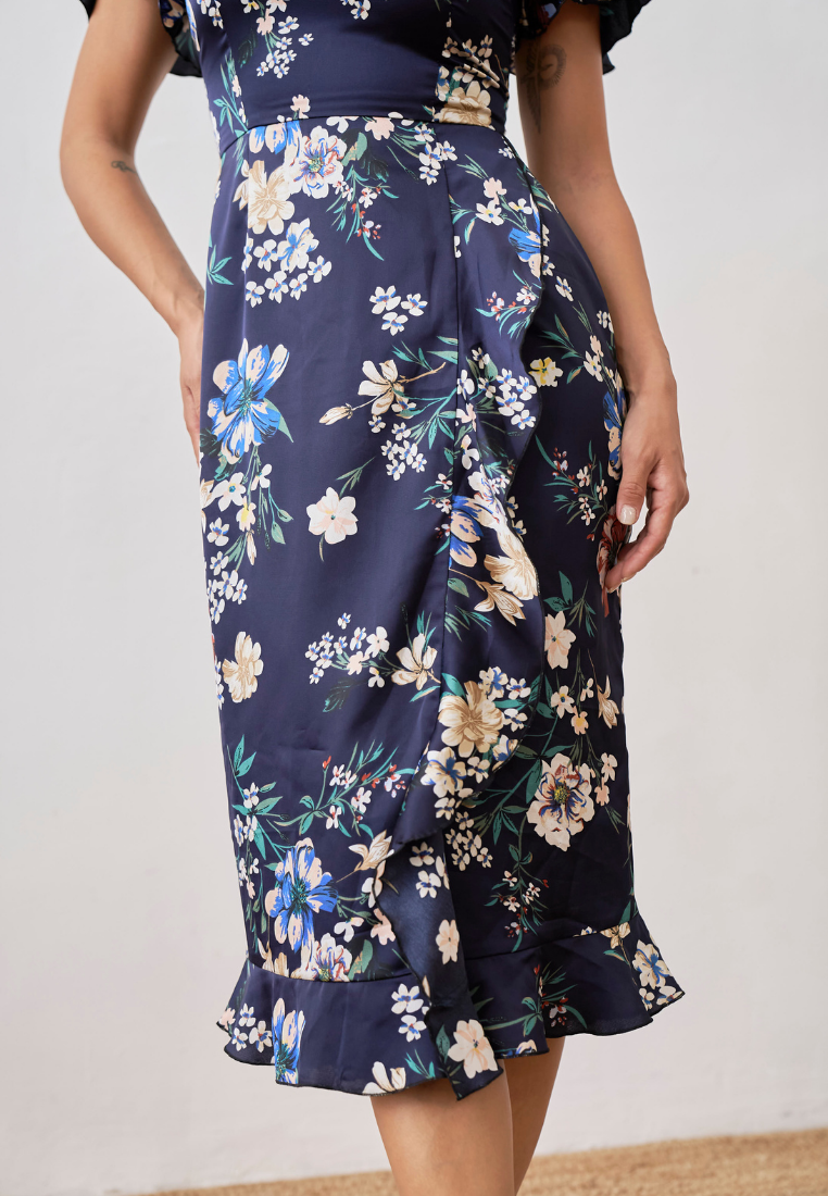 Sienna Floral V-neck Faux Wrap Dress (Navy Blue)