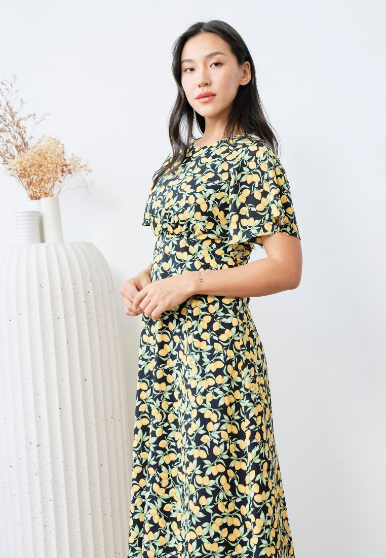 Liza Lemon Print Flare Sleeves A-line Dress (Black)