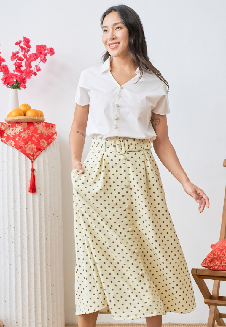 [LK x Sherlyn Mama] Oceane Polka Dot A-line Skirt with Buckle Belt (Yellow)