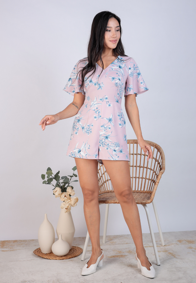 Ria Flare Sleeves Floral Romper (Pink)
