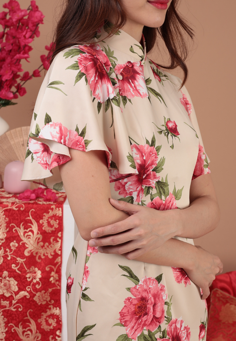 Ji Mandarin Collar Floral Sheath Dress (Beige)