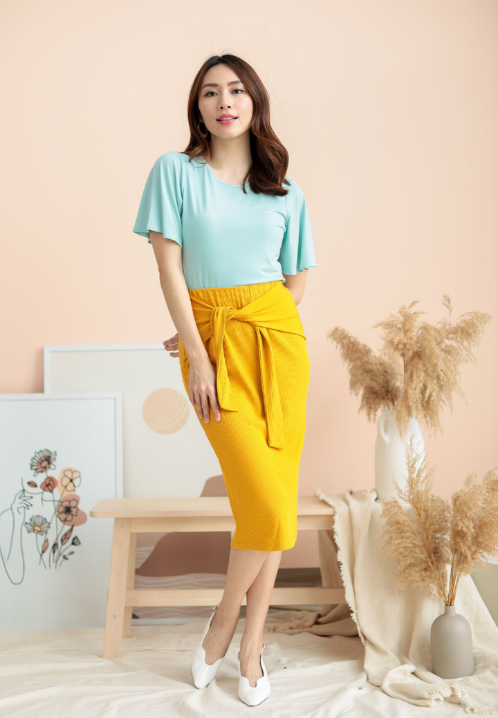 Bridgett Self Tie Ribbed Knit Skirt (Mustard)