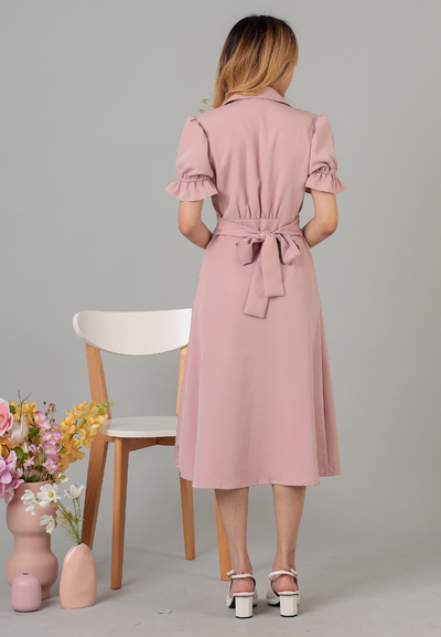 Magdeline Button Down Collared Midi Dress (Pink)