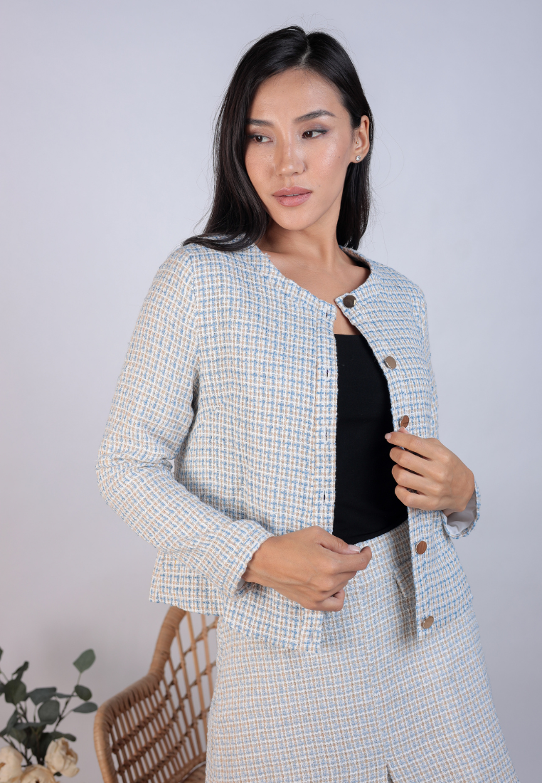 Lorette Tweed Trims Jacket (Light Blue)