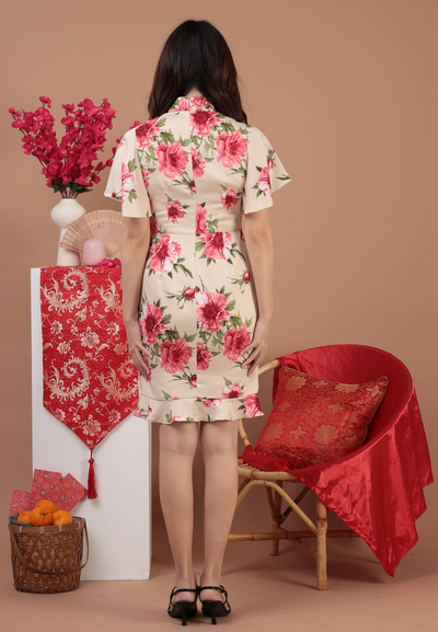 Ji Mandarin Collar Floral Sheath Dress (Beige)