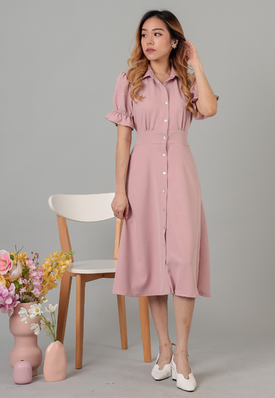Magdeline Button Down Collared Midi Dress (Pink)