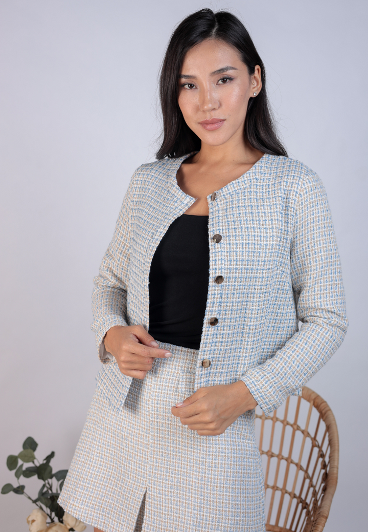 Lorette Tweed Trims Jacket (Light Blue)