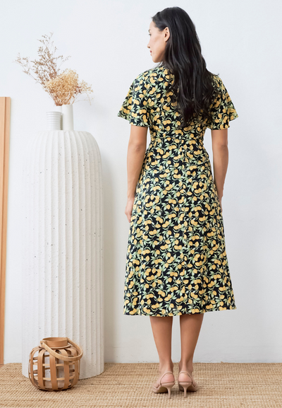 Liza Lemon Print Flare Sleeves A-line Dress (Black)