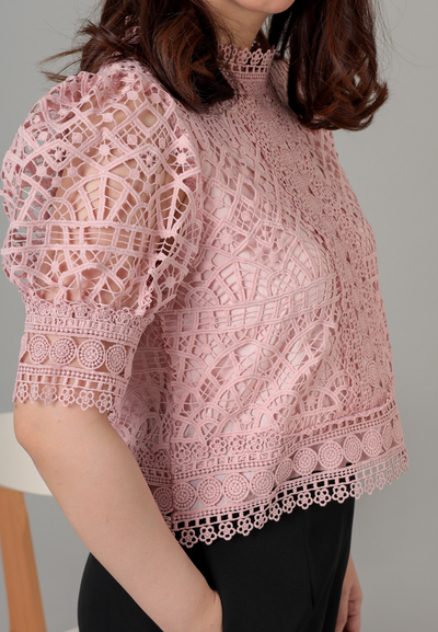 Nancy Puffy Sleeves Crochet Lace Top (Pink)